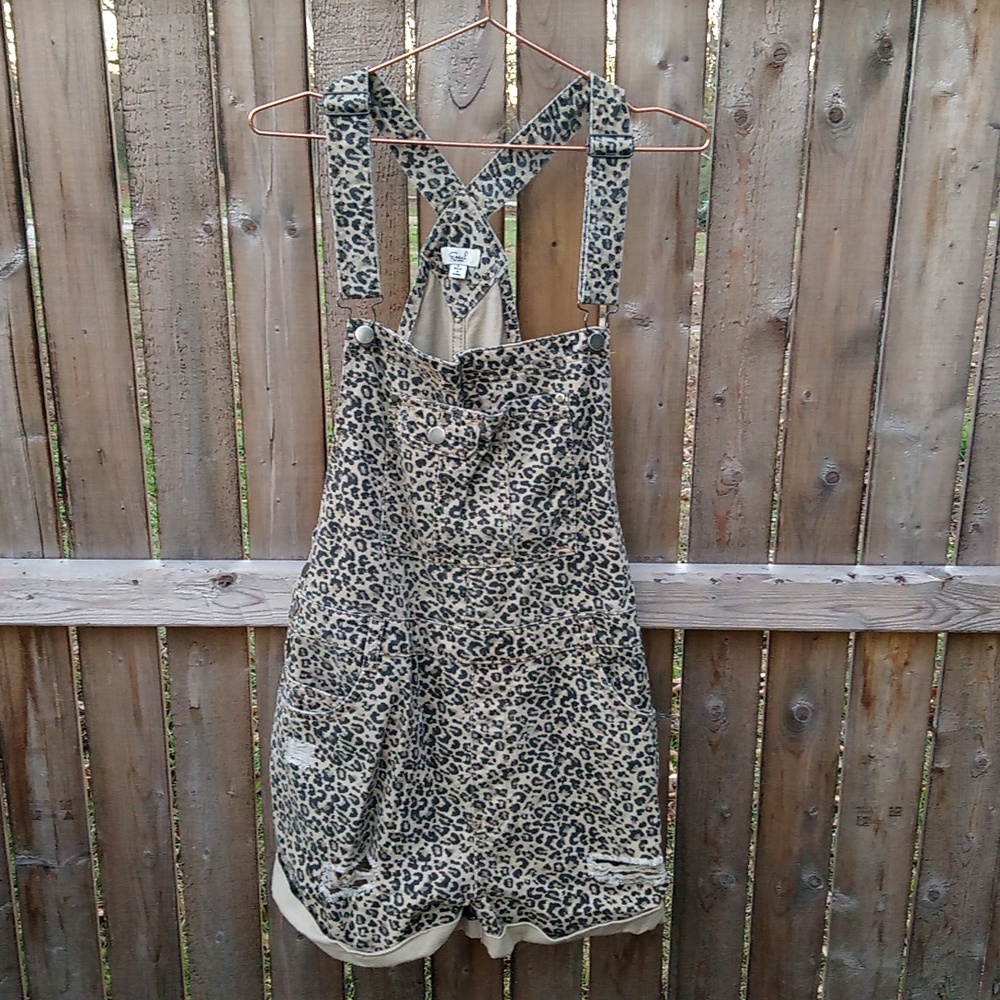 Easel Leopard Denim Distressed Shorts Overalls